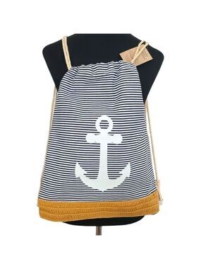 Trïbe Canvas & Rattan Nautical Blue & White Striped Drawstring Backpack NWT